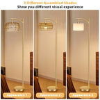 Ambimall Arc Floor Lamp for Living Room with Remote, Color Temperature & Brightness Adjustable, Bohemia Standing Lamp with Rattan & Fabric Double Drum Shades, Bulb Included(Gold) - color: Gold Bohemian
