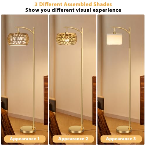 Ambimall Arc Floor Lamp for Living Room with Remote, Color Temperature & Brightness Adjustable, Bohemia Standing Lamp with Rattan & Fabric Double Drum Shades, Bulb Included(Gold) - color: Gold Bohemian