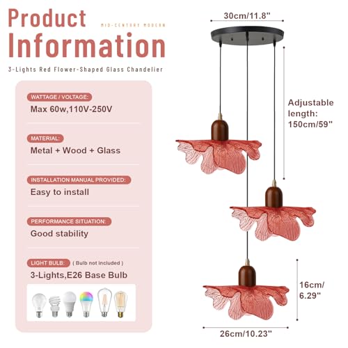 3 Light Red Glass Pendant Light Mid Century Modern Chandelier Adjustable Hanging Ceiling Light Fixture E26 Base for Bedroom Entryway Kitchen Island Dining Room - color: Red, 3 Light