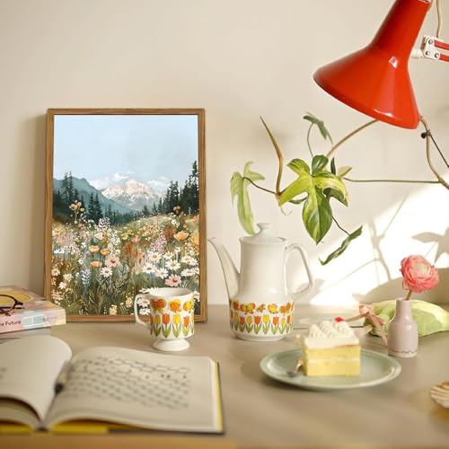 Framed Boho Landscape Wall Art, Colorful Floral Mountain Pictures Wall Decor, Vintage Wildflower Nature Paintings Canvas Prints Rustic Home Decor for Living Room Bedroom Office 12x16 inch - color: Boho Landscape, size: 16"L x 12"W