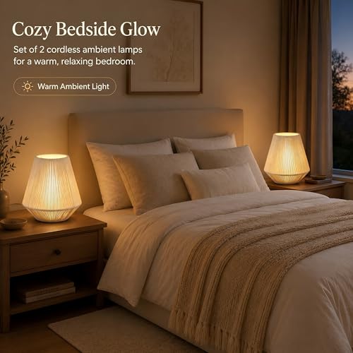 JHY DESIGN Set of 2 Woven Lampshade Table Lamps 8" H Cotton Rope Bedside Light‌s Cordless Decorative Battery Operated Lamps with 6 Hours Timer for Bedroom Living Room Home Parties Patio Events - color: 7"D Off-white