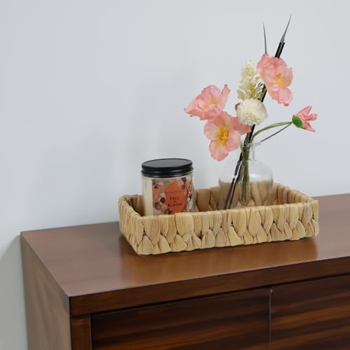Bathroom Tray Countertop, 10 Inch Water Hyacinth Bathroom Basket, Toilet Tank Bathroom Vanity Tray, Rattan Wicker Tray for Bathroom Decor Coffee Table (Small) - size: 10.1" x 6" x 2"