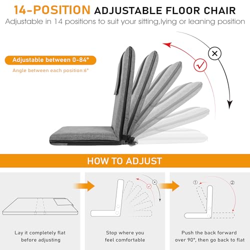 FASTMOMENT Floor Chair with Back Support 14-Position Adjustable Floor Chair Portable Ground Seating for Adults & Kids Foldable Meditation Seat with Japanese KOYO Bearings & Washable Linen Cover (Grey) - color: Grey & Black, style: Regular