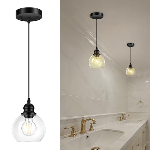 Pendant Lights Kitchen Island, Black Pendant Light with Glass Lampshade, 71 Inch Adjustable Hanging Lamp for Kitchen Living Room, Modern Farmhouse Industrial Ceiling Lighting Fixture(E26 Base,No Bulb) - size: 1Light - D 5.91 IN