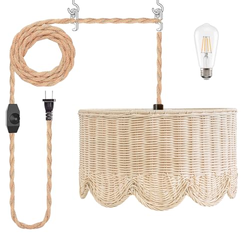 13" Plug in Scalloped Pendant Light, Rattan Hanging Lights with Plug in Cord 15FT Hemp Rope Cord, Dimmable Switch – Indoor Hanging Lamps for Boho Living Room Bedroom (Bulb Included)