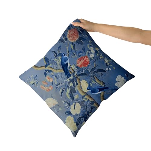 Chinoiserie Pillow Cover 16x16 Inch Vintage Navy Blue Floral Throw Pillow Covers Farmhouse Flower Bird Decorative Outdoor Pillowcase Cotton Cushion Cover for Couch Sofa Bed Decor (Pack of 2) - color: Deep Blue, size: 16" x 16" (Pack of 2)