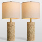 BOBOMOMO Boho Lamps Set of 2, 25.5" Coastal Farmhouse Bedside Lamps, Resin Woven Rattan-Look Nightstand Lamps with Linen Shade & Rotary Switch for Bedroom Living Room Home Decor