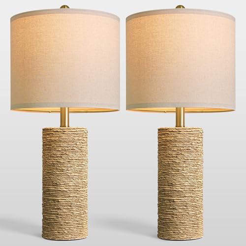 BOBOMOMO Boho Lamps Set of 2, 25.5" Coastal Farmhouse Bedside Lamps, Resin Woven Rattan-Look Nightstand Lamps with Linen Shade & Rotary Switch for Bedroom Living Room Home Decor