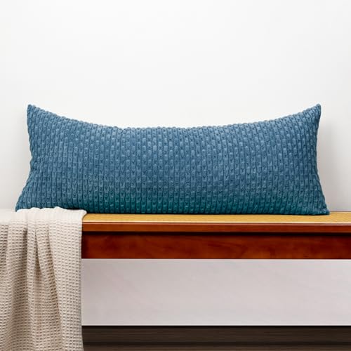 JoraLion 14x36 Boho Decorative Lumbar Throw Pillow Cover, Blue Cozy Soft Striped Corduroy Long Rectangle Cushion Case Accent Home Decor for Sofa Bed Room Livingroom, ONLY Cover - color: Blue, size: 36" x 14" (Pack of 1)