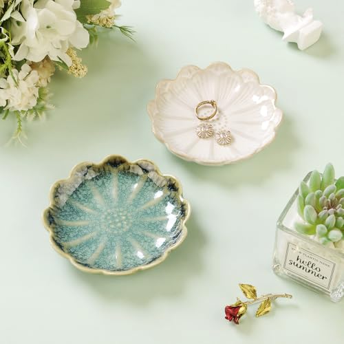 Lotus Ring Holder Dish Small Indoor Ash Tray, Ceramic Dessert Plate Trinket Jewelry Holder Organizing Necklace Earrings for Parents Friends Sister, Deep Green. All Jewelries Are NOT Included. - color: Crystal Green-Round