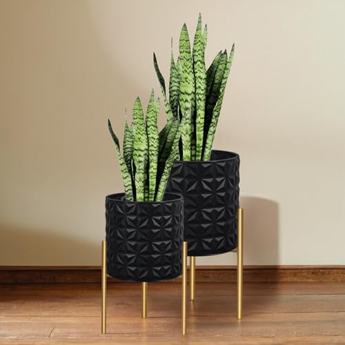 ARNIS Modern Planter Pots, Set of 2 Large Planters with Stand, Decorative Planters, Metal Pots with Drainage Holes for Living Room, Office, Garden or Balcony, 10.5 &12.25 Inch, Matte Black - color: Frosted Black, size: 10.5 &12.25