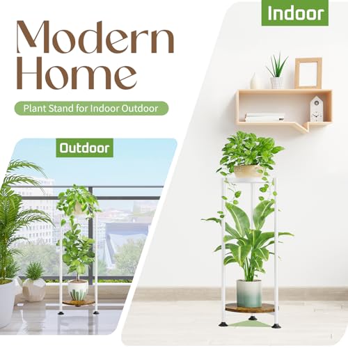 iDavosic.ly 2 Tier Corner Plant Stand Indoor, 30 Inch Tall Vertical Metal Flower Heavy Duty Pot Holder Shelf Outdoor for Patio Porch Living Room, White & Rustic Brown - Round - color: White, size: 2 Tiers