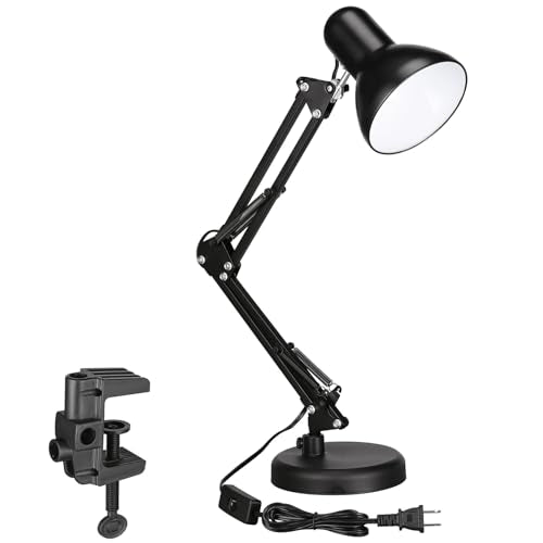 TORCHSTAR Metal Desk Lamp with Clamp, Swing Arm, Architect Adjustable Gooseneck Table Lamp, Clip Desk Lights for Home Office, Work, Study, Reading, E26 Base, Multi-Joint, Black - color: Black