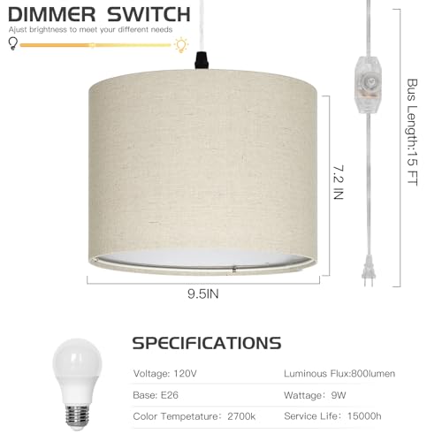 CINSARY Plug in Pendant Light, Hanging Light with Plug in Cord with Dimmable Switch, Hanging Lamp with 15 ft Clear Cord, Linen Pendant Light Fixture for Bedroom (Bulb Included) - color: Beige