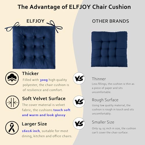 ELFJOY 4 Pack Chair Cushions for Dining Chairs Chair Pads Cushion for Kitchen Office Tufted Square Seat Cushion with Ties (16" Navy Velvet) - color: Navy