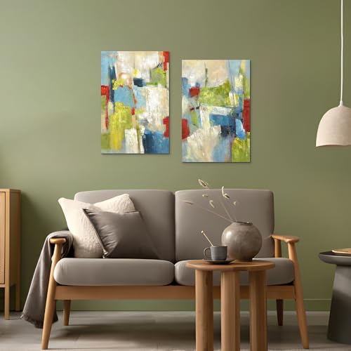 ArtSquare Abstract Canvas Wall Art: Hand Painted Colorful Graffiti Prints 2 Pieces Green Blue Textured Painting for Office - color: colorful, size: 24”x16”x2