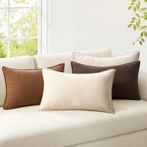 Pack of 4 Linen Lumbar Pillow Covers Neutral Farmhouse Couch Throw Pillows for Bed Accent Modern with Flange Design Pillowcase Sofa Livingroom Home Decor 12x20 Inch - color: Neutral Brown, size: 20" x 12" (Pack of 4)