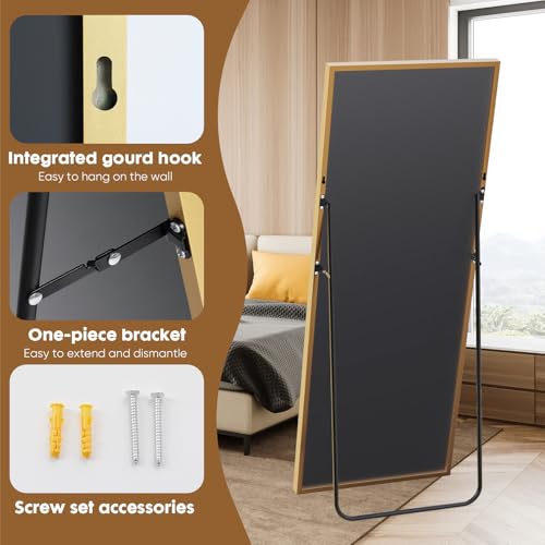 DUMOS 70.4"x25.6" Full Length Mirror with Stand, Floor Body Mirrors Shatter-proorf Nano Glass with Aluminum Frame, Free Standing or Hanging Leaning, Modern Simple for Home Decor, Gold - color: Gold-rect Edge, size: 70.4"L x 25.6"W