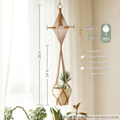 Wooden Dowel & Diamond Macrame Plant Hangers 2 Pack 39 Inch, Handwoven Cotton Rope Plant Holder with S Hooks, Boho Home Decor for Indoor Plants for up to 10in Pot (Caramel Wood Hanger)