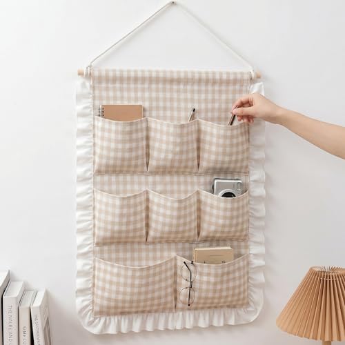 Amyhill Wall Hanging Organizer with Pockets Over Door Storage Bag Ruffled Beige Gingham Cotton Wall Mounted Pocket Organizers for Home Bedroom Bathroom Aesthetic Decor Space Saving