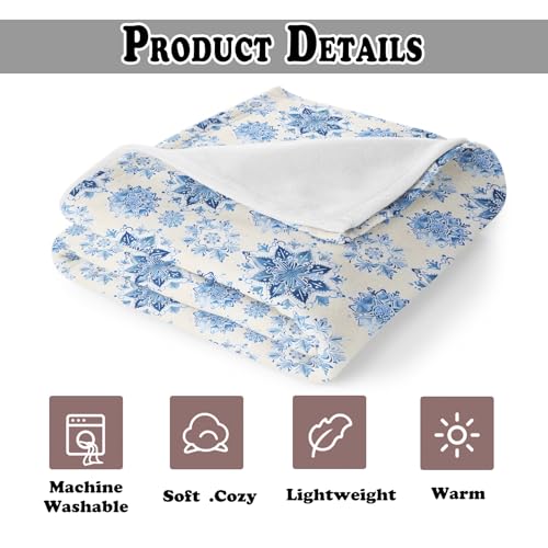 Winter Blue Snowflake Throw Blanket for Couch, Snowflake Christmas Decor, Vintage Blue and White Porcelain Floral Throw Blanket for Bedroom Living Room Home Decoration, 50x60 Inches - color: Color_19