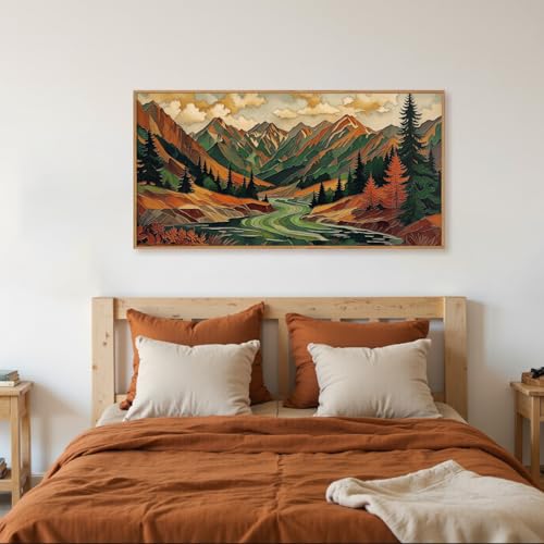 HPINUB Abstract Boho Mountain Framed Canvas Wall Art Set,Vibrant Forest Pine Tree Wall Decor,Textured Landscape Artwork Rustic Linear Scenery Art Print for Living Room,Bedroom,Office-20 x40 - color: Abstract Mountains Wall Art, size: 40"L x 20"W