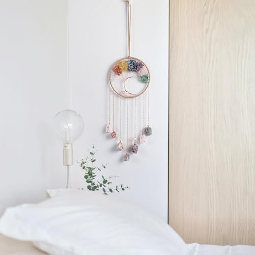 7 Chakra Wind Chimes Raw Stone Tree of Life Dream Catchers Hanging Ornament Natural Crystal Wind Chime for Home Garden Decoration(Gold) - color: Gold