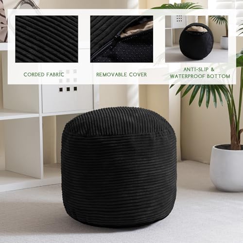 HIGOGOGO Round Stuffed Pouf Ottoman, Corduroy Poufs with Foam Chunk Filling, Furry and Fluffy Pouf Foot Stool Storage Ottoman, 26 X 18 Floor Poufs Foot Rest for Living Room, Black - color: Black, size: 26"D x 26"W x 18"H
