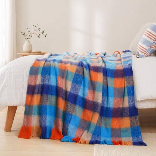 Battilo Colorful Plaid Throw Blanket for Couch Bed, Fall Blue Plaid Throw Blanket with Vibrant Colors,Super Soft Cozy Cashmere Mohair Tartan Plaid Blanket for Fall Decor Home Decor(50"x60") - color: Multi Blue