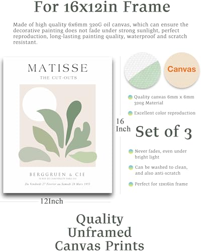 Unframed Sage Green Wall Art Set of 3,12x16IN Abstract Matisse Wall Decor,Quality Canvas Prints Posters Decoration for Bathroom Living Room Bedroom, Unframed - color: Unframed Matisse Green-1, size: 16"L x 12"W