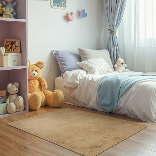 jinchan Solid Plush Area Rug 3x5 Performance Shaggy Washable Rug Indoor Soft Modern Faux Wool Cozy Non Slip Carpet for Living Room Kids Room Bedroom Dining Room Nursery Tan - color: Solid Tan, size: 3' x 5' (Rectangular)