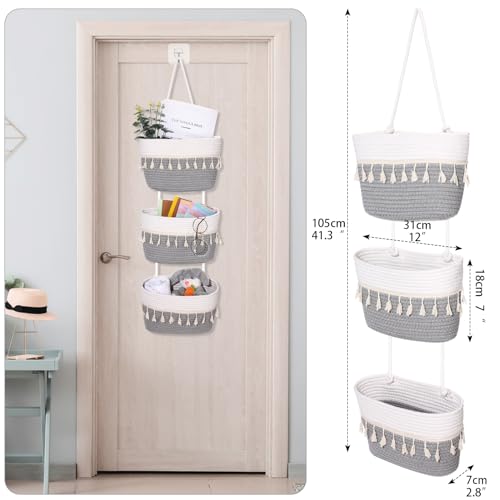 SiliFine Over the Door Hanging Basket Boho Woven Wall Hanging Baskets 3-Tier Cotton Wall Mounted Storage Organizer Bag Macrame Decorative for Kitchen Laundry Room Stairs(Gray, White) - color: Gray, White