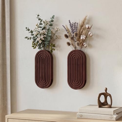 2 Pack Wooden Wall Vase Set, Modern Farmhouse Boho Hanging Planters for Dried Flowers Faux Plants, Wall Decor for Living Room,Bedroom, Bathroom, Entryway, Hallway with Mounting Hardware (Brown) - color: Brown