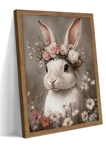 Framed Vintage Easter Bunny Wall Art, White Bunny with Flower Crown Canvas Prints, Cottage Farmhouse Animal Artwork, Rustic Easter Wall Decor for Kids Room Girls Bedroom Living Room 12x16in - color: Easter Bunny, size: 16"L x 12"W