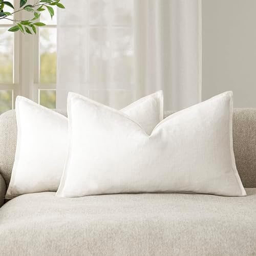 Foindtower Pack of 2, Decorative Linen Soild Throw Pillow Covers Soft Accent Lumbar Cushion Case Boho Farmhouse Neutral Pillowcase for Couch Sofa Bed Living Room Home Decor 12 x 20 Inch Cream White