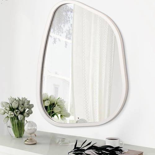 Irregular Wooden Framed Wall Mirror Modern Asymmetrical Unique Hanging Mirror Artistic Boho Mirror Decor Bathroom Vanity Bedroom Living Room Entryway Hallway 14'' x 10'' - color: Cream, size: 14"L x 10"W