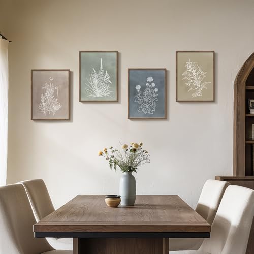 Framed Boho Botanical Wall Art for Living Room, 4 Piece Rustic Floral Canvas Painting Prints, Vintage Minimalist Neutral Flower Artwork for Modern Farmhouse Bedroom Dining Room Office Wall Decor - color: Simple - Walnut Framed, size: 12" W x 16" H x 4pcs