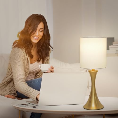 Gold Bedside Lamp Touch Control Table Lamp for Bedroom, 3-Way Dimmable Nightstand Lamp with White Shade, Modern Table Lamp for Living Room, Minimalist Desk Lamp for Dorm, Home, Office, Bulb Included - color: Gold Base with White Shade