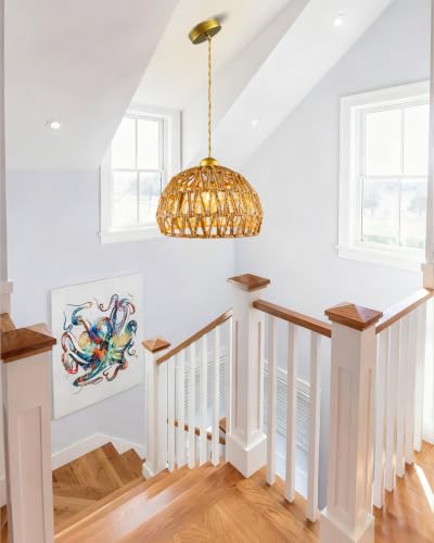 Rattan Pendant Light Fixtures, 9.8” Boho Woven Basket Pendant Light, Handmade Wicker Hanging Lamp, Rustic Wicker Chandelier for Kitchen Island, Dining Room, Living Room, Bedroom, E26 Base - color: 9.84″-Round