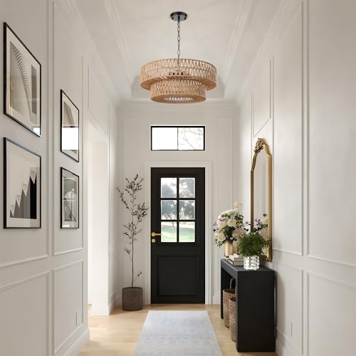 21.6 Inch Boho Rattan Chandelier, 5-Lights Hand Woven Bohemian Chandeliers with 2-Tier Drum Wicker Shade, Modern Farmhouse Large Pendant Light Fixture for Dining Room Living Entryway Bedroom - color: Black Metal, size: 21.6 Inch