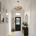21.6 Inch Boho Rattan Chandelier, 5-Lights Hand Woven Bohemian Chandeliers with 2-Tier Drum Wicker Shade, Modern Farmhouse Large Pendant Light Fixture for Dining Room Living Entryway Bedroom - color: Black Metal, size: 21.6 Inch