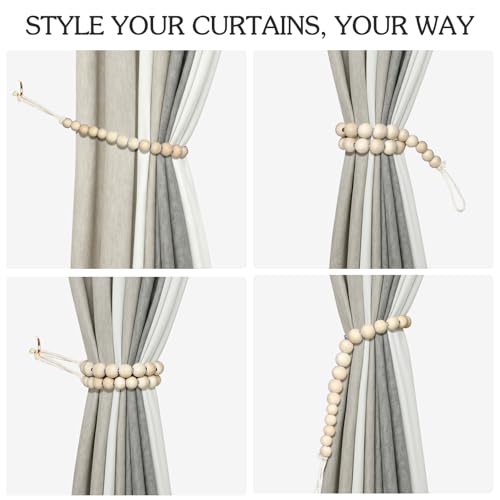 Hion 2 Pcs Boho Curtain Tiebacks,Wood Beads Curtain Holdbacks,Outdoor Farmhouse Tie Backs for Curtains,Curtain Holders for Drapes Home Office Decor with Hooks(Wood Color) - color: Wood Color, size: 2 Pack