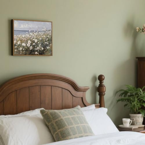 Framed Landscape Wall Art Blue Ocean Theme White Flower Pictures Wall Decor Abstract Floral Painting Prints Modern Seascape Artwork for Living Room Bedroom Bathroom Home Office Decoration, 8x10 Inch - color: Blue Ocean White Flower, size: 10"L x 8"W