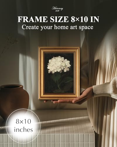 HUARCEY Gold Framed Vintage Wall Art for Living Room, Flowers Painting Canvas Prints Shelf Decor for Kitchen, Aesthetic Bedroom Wall Art, Christmas Gifts for Friends or Family (White Hydrangea 8"x10") - color: White Hydrangea, size: 10"L x 8"W