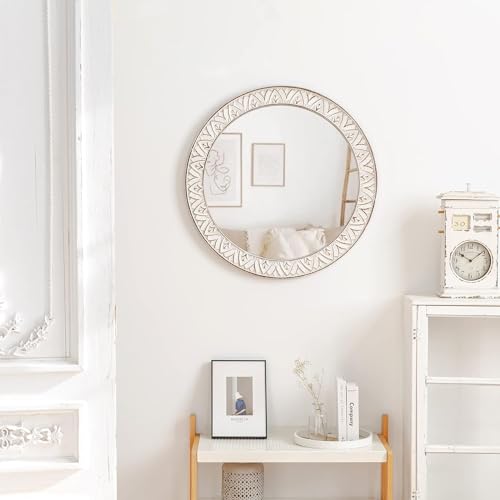 20" Round Rustic Mirror Wooden Frame Circle Mirrors, Distressed Wall Mounted Mirror for Bathroom, Bedroom, Living Room, Entryway, Fireplace, Hall - color: Flower White, size: 20"L x 20"W