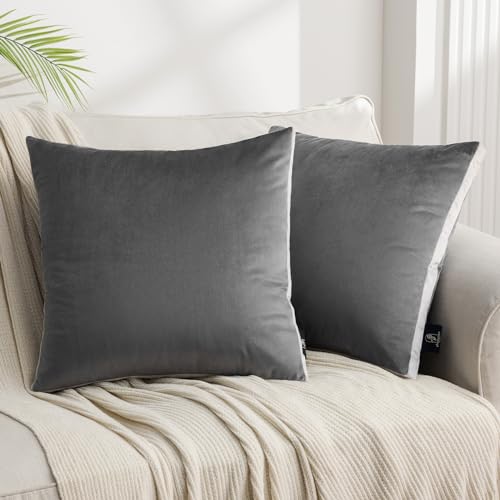 Phantoscope Pack of 2 Velvet Throw Pillow Covers, Decorative Soft Velvet Pillows Accent Double-Sided Gusseted Design, Square Cushion Case for Couch Sofa Bed, Deep Grey, 18 x 18 inches 45 x 45 cm - color: Deep Grey