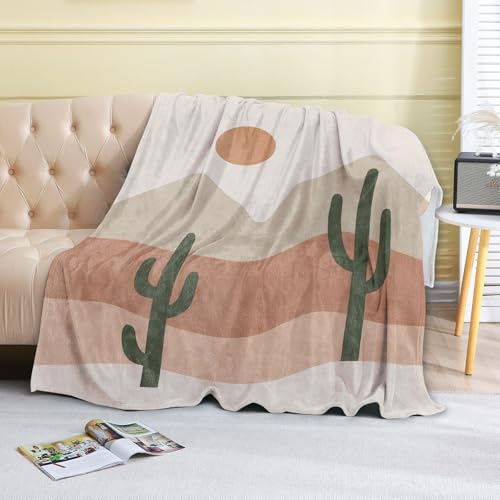 Minimalist Desert Landscape Fleece Blanket,50x60in,Boho Cactus and Mountain Art with Earth Tone Colors Throw Blankets,Soft Cozy Lightweight, Ideal for Bed Living Room Home Decor,Gifts - color: Desert, size: 50x60 Inch