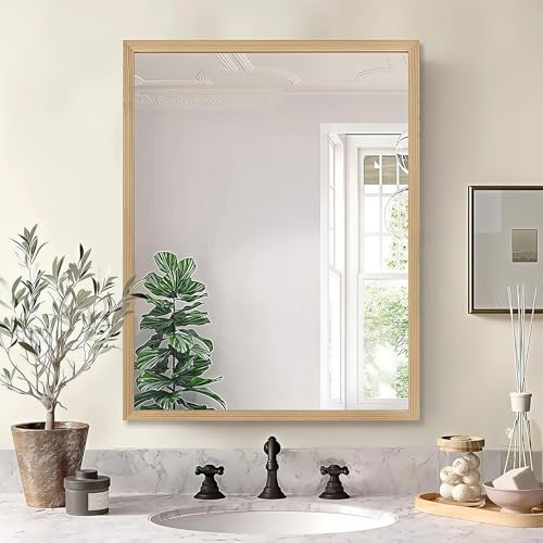 36"x28" Bathroom Mirror with Natural Wood Frame for Wall, Large Rectangle Vanity Mirror Rustic Farmhouse Decor Mirror, Anti-Rust Explosion-Proof, Hangs Horizontally or Vertically, Solid - color: Solid, size: 36"L x 28"W