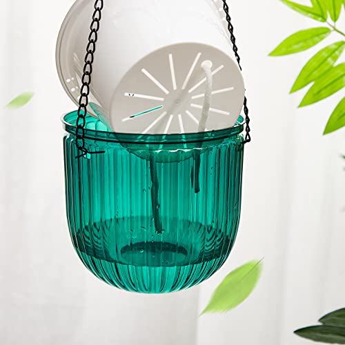Meanplan 4 Pcs Self Watering Hanging Planter Indoor 6.5 Inch Hanging Baskets for Plants Outdoor Plastic Flower Pot with 3 Hooks Chains Drainage Holes for Garden Home, Medium Size(Emerald, Gray) - color: Emerald, Gray