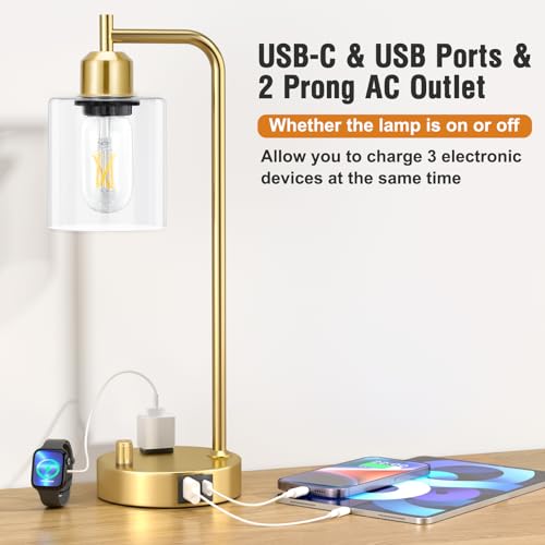 Innqoo Industrial Table Lamp for Bedroom Set of 2 - Fully Dimmable Bedside Lamps with USB Ports and Outlet, Gold Nightstand Lamps with Clear Glass Shade for Living Room, Desk Lamps for Office Reading - color: Clear Glass&Gold Base